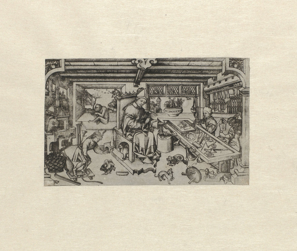 Detail of Saint Eligius in his workshop by Master of the Bileam