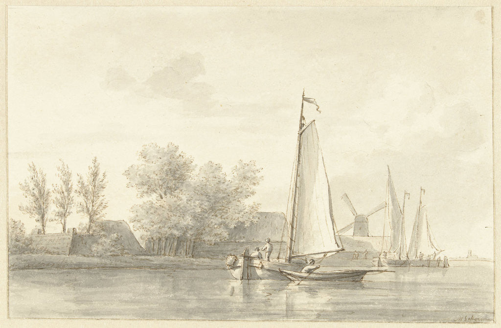 Detail of River view with sailing and rowing boat by Martinus Schouman