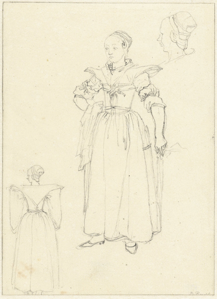 Detail of Three sketches from the costume of a woman from Axel The Netherlands by Bernard Picart
