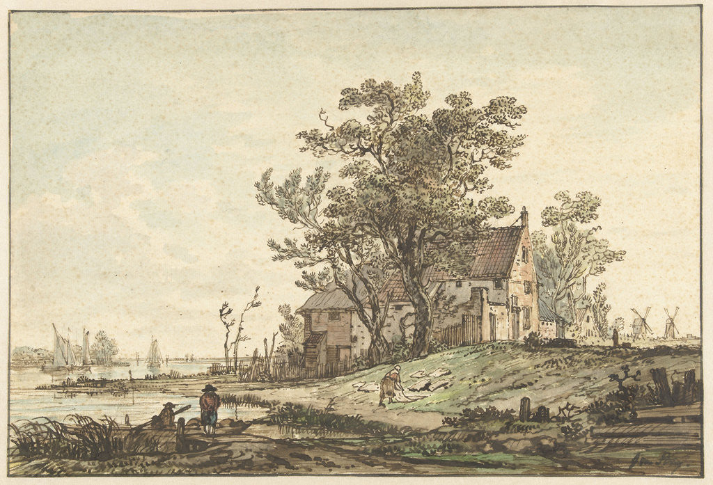 Detail of Old farmhouse on a river by Jacob van Strij