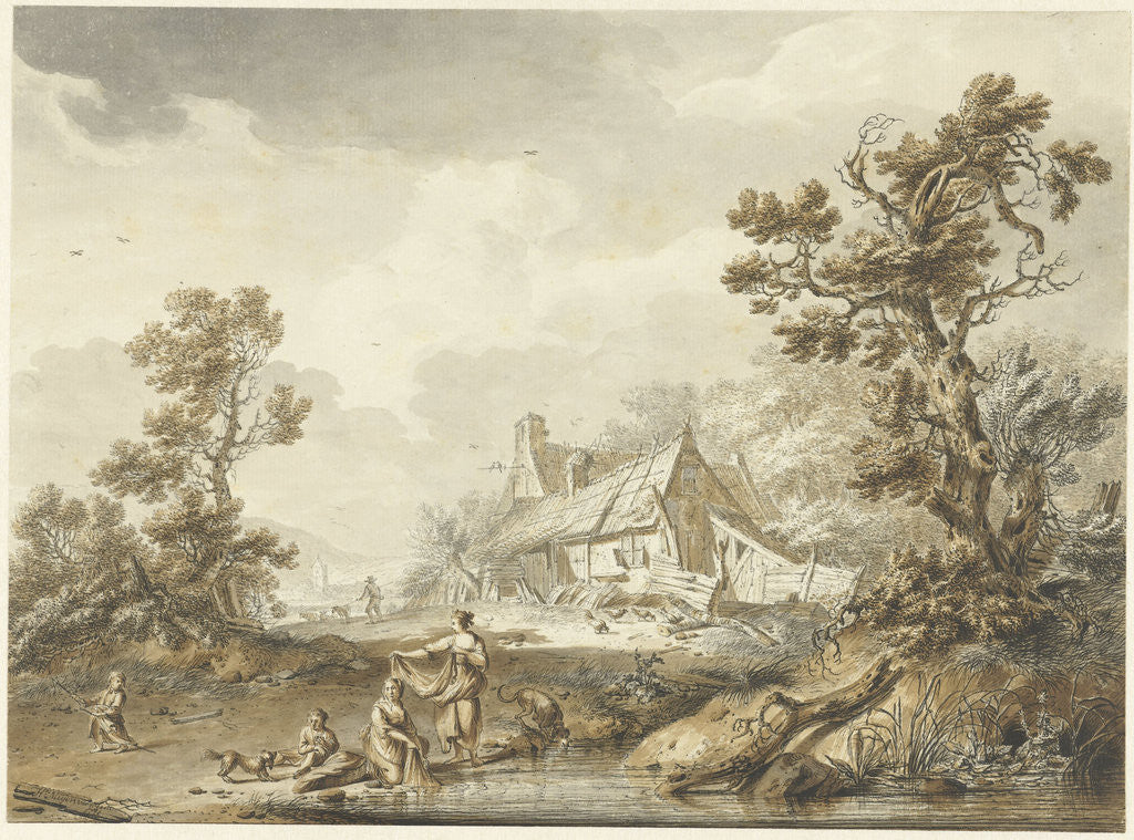 Detail of Farm with on the foreground washing women by Hendrik Meijer