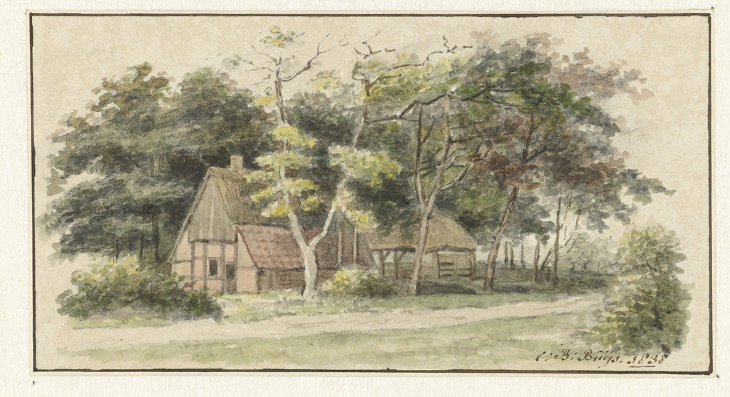 Detail of Farm between trees by Cornelis Bernardus Buijs