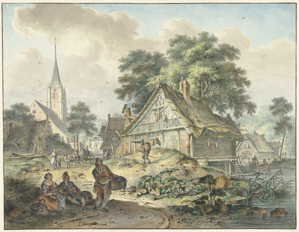 Detail of Dilapidated house and village church by Hendrik Meijer