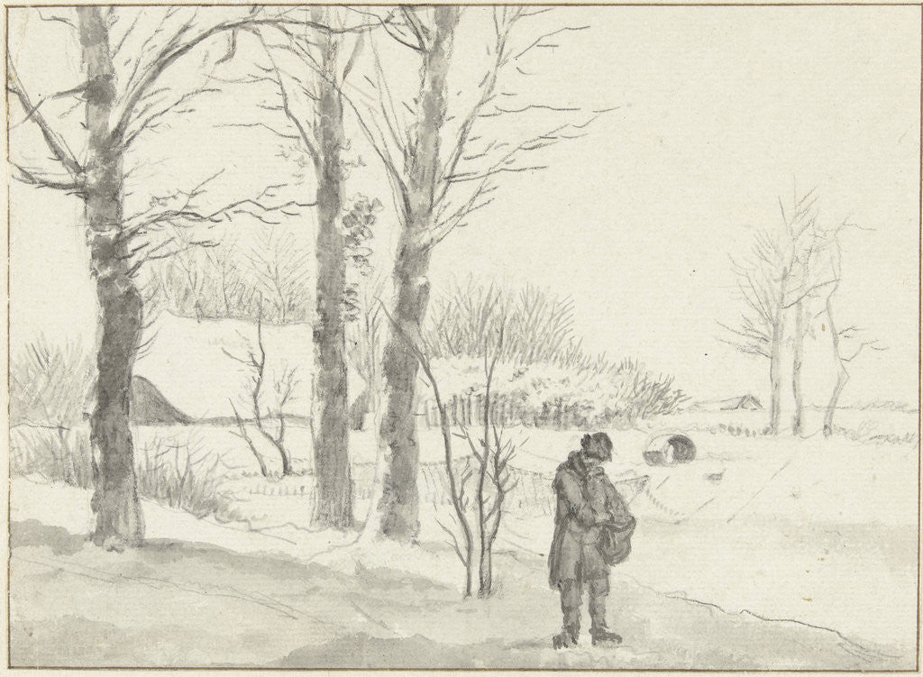 Detail of Snowy Landscape with standing man by Jacob Ernst Marcus