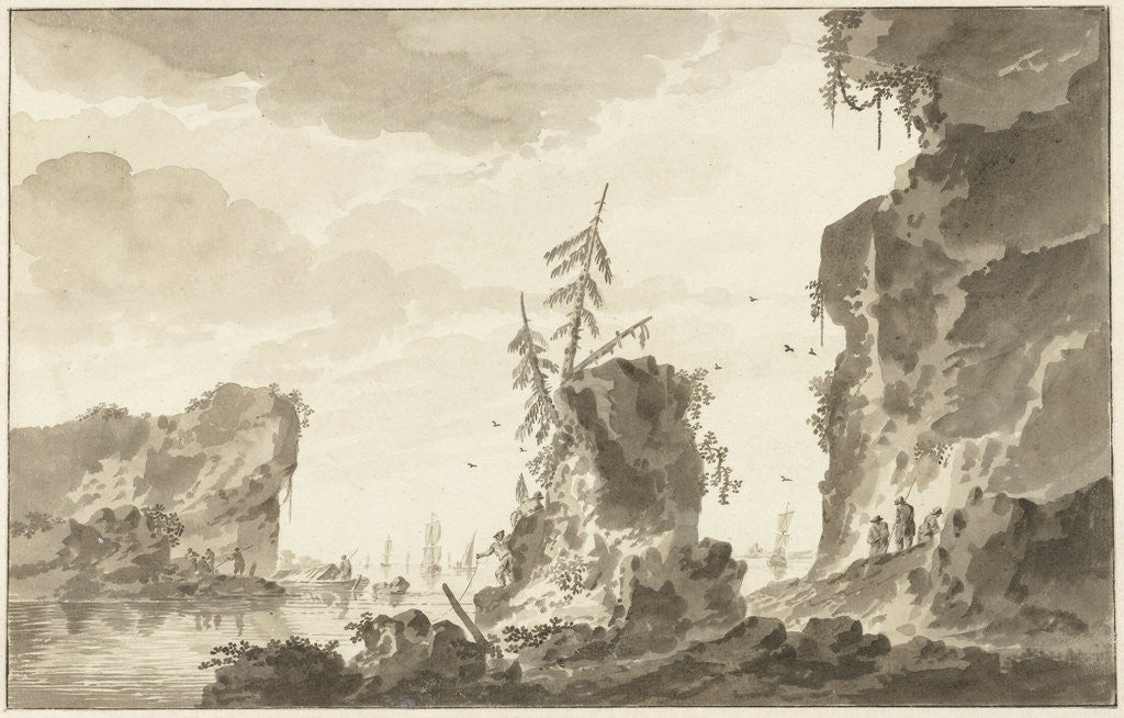 Detail of Rocky coast with ships and fishermen by Dirk Kuipers