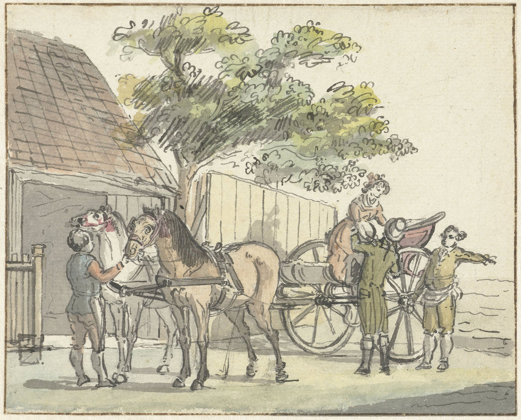 Detail of Wagon with two horses at the tavern Donkere Kuil in Haarlem The Netherlands by Reinier Vinkeles