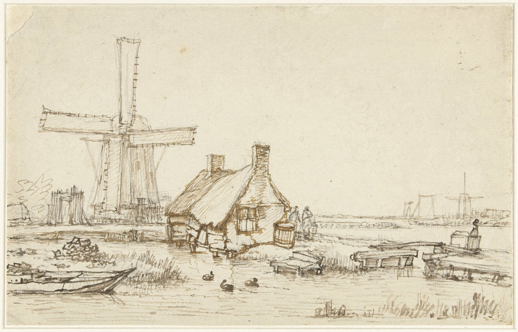 Detail of Landscape with houses and windmill by Jan Hulswit