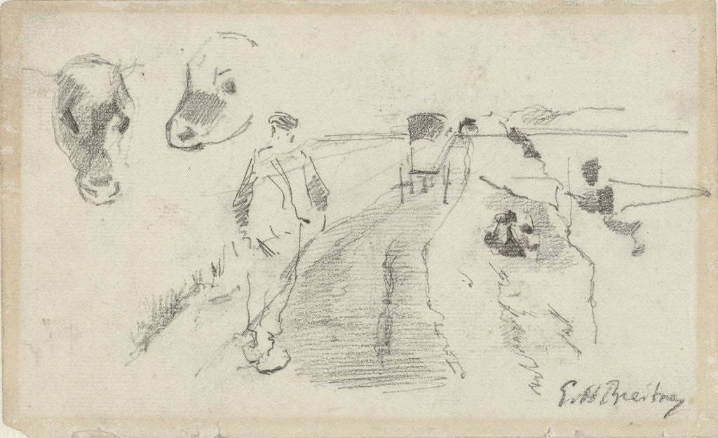 Detail of Sketch of a country road with a farmer and cow heads by George Hendrik Breitner