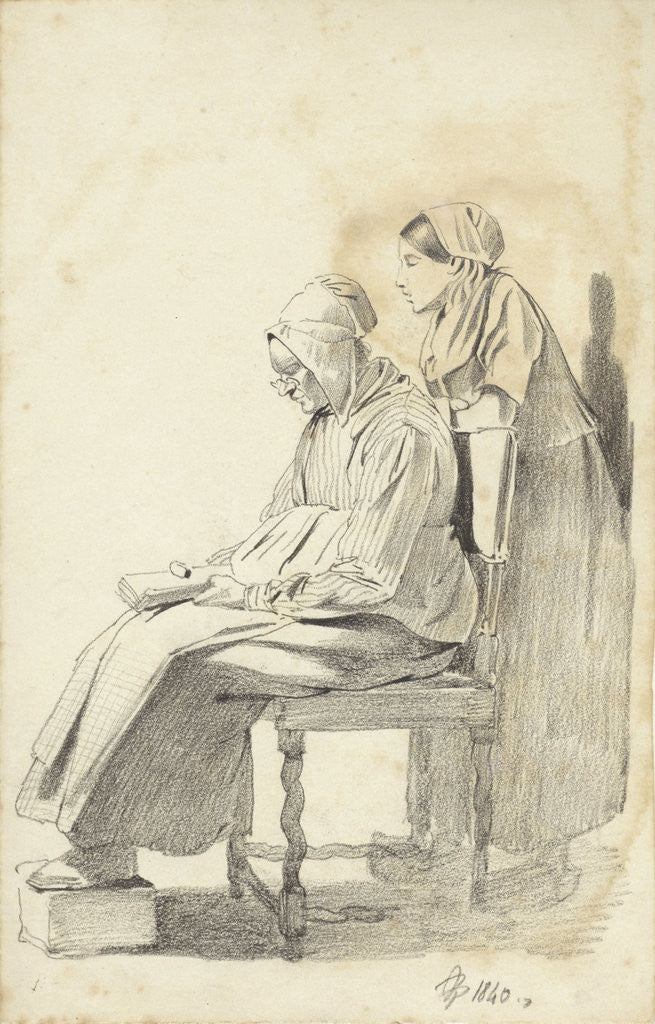 Detail of Young woman standing behind a seated reading old woman seen from the side by Pieter van Loon