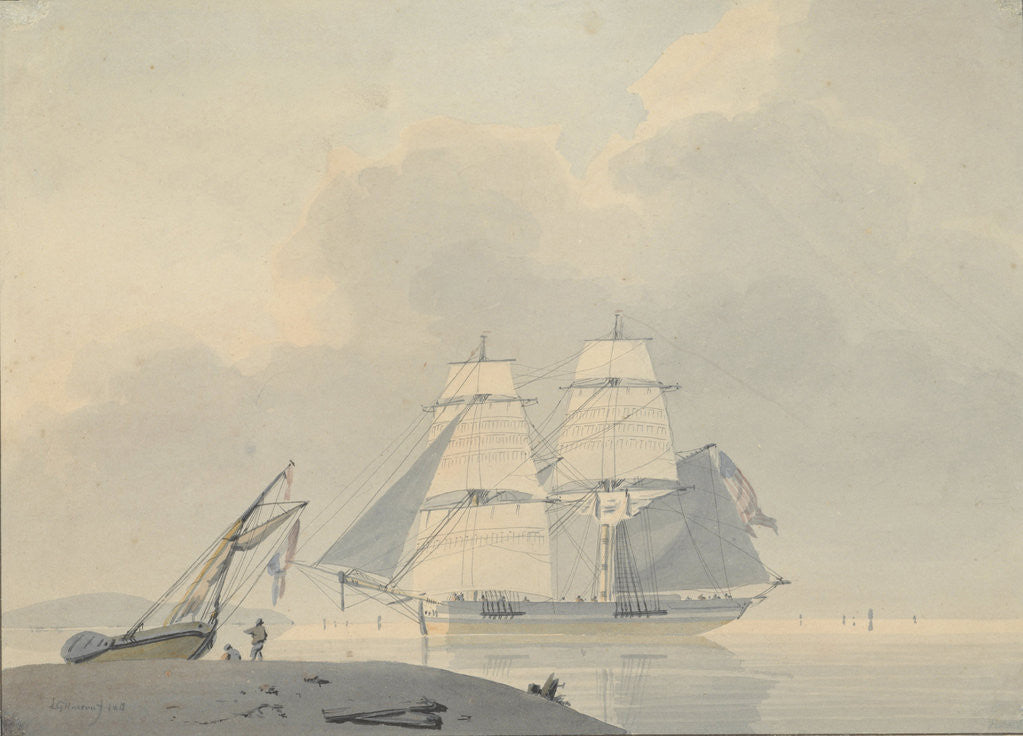 Detail of Sailing ship in still water by Lodewijk Gilles Haccou