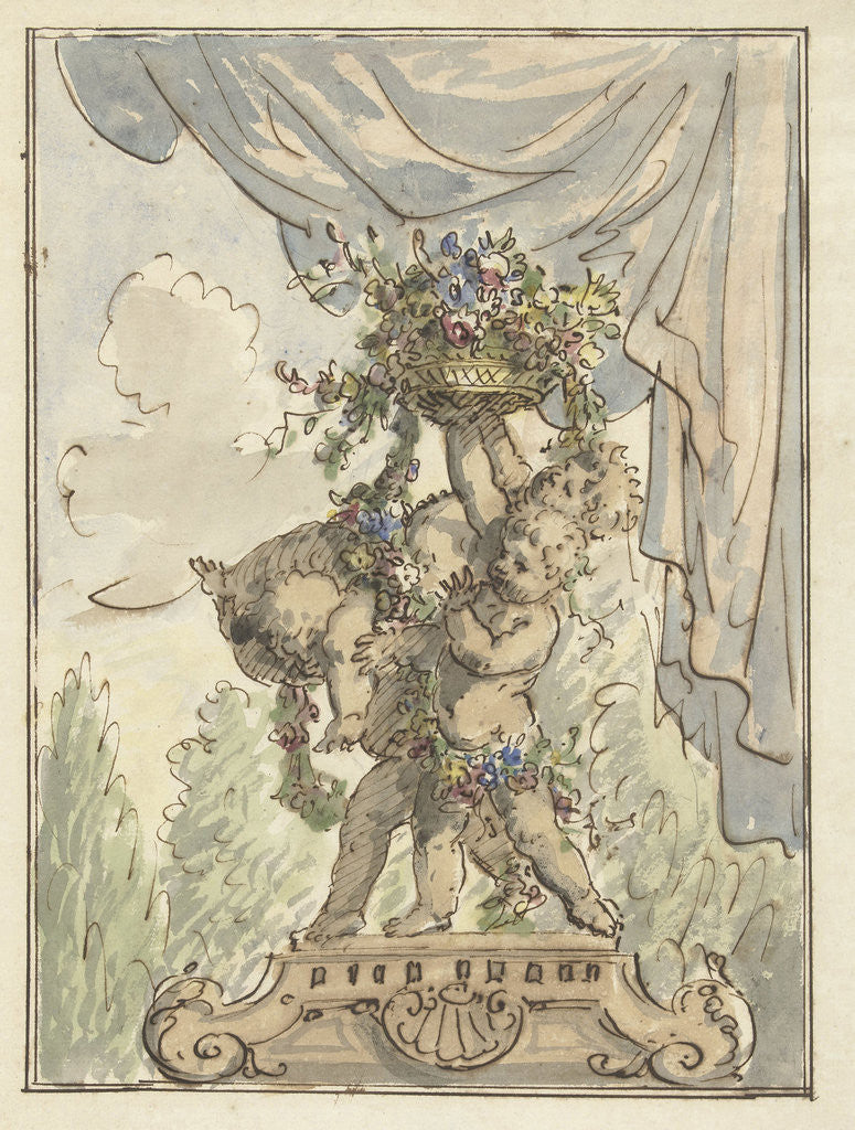 Detail of Three putti with flower basket by Elias van Nijmegen