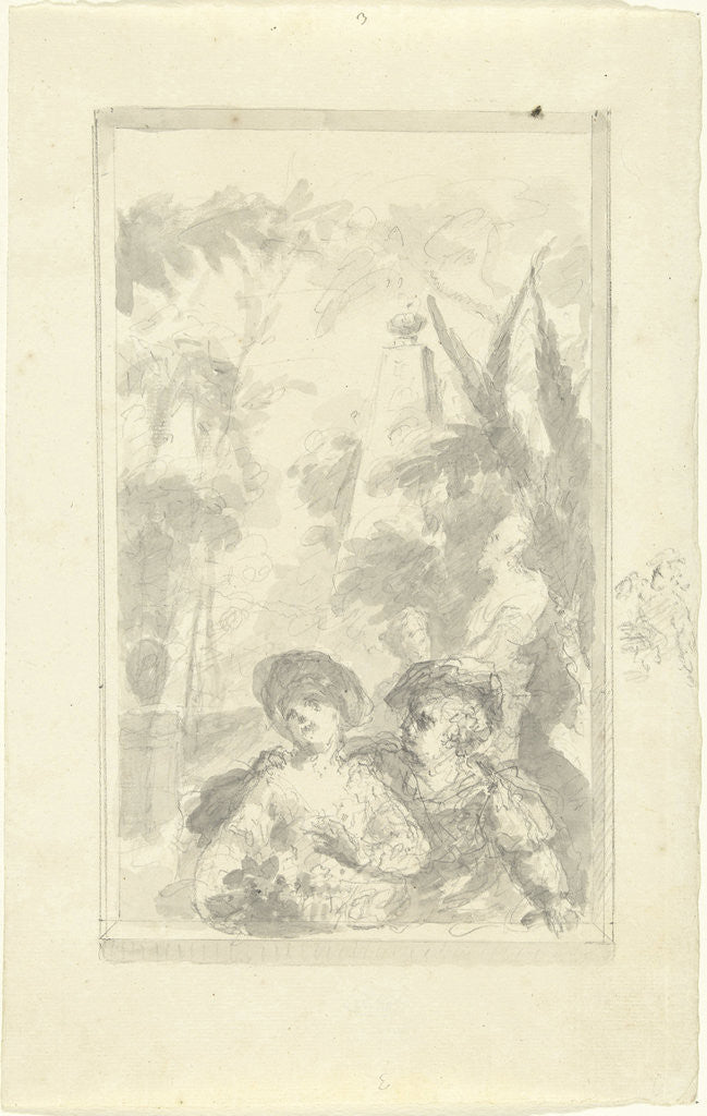 Detail of Design for a hall piece: boy and girl with flower basket by Dionys van Nijmegen