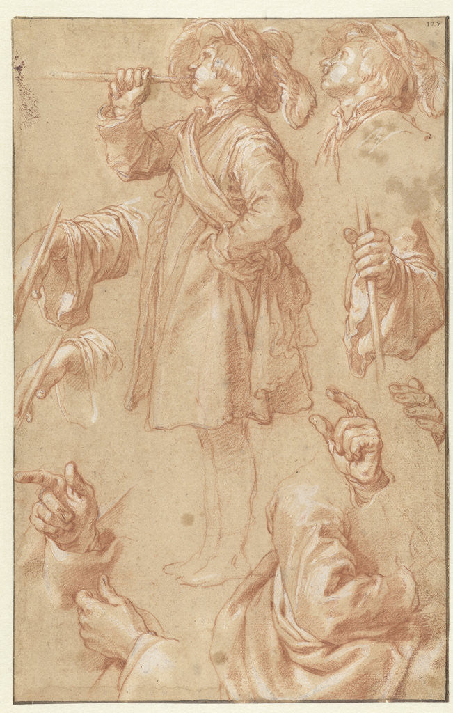 Detail of Studies of a standing trumpeter and studies of hands and arms by Abraham Bloemaert