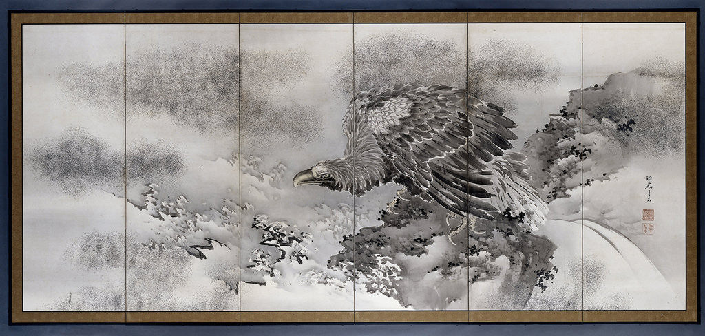 Detail of Bald eagle on a rock on the coast, Kishi ryo by Ganryo