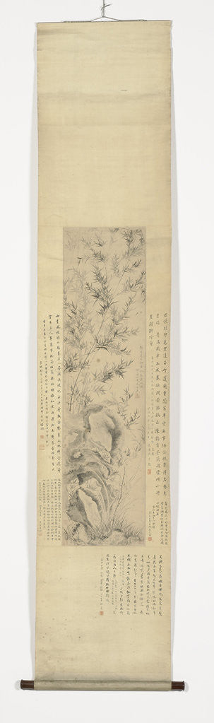 Detail of Chinese scroll painting with bamboo and orchids on a rock by Ma Shouzhen