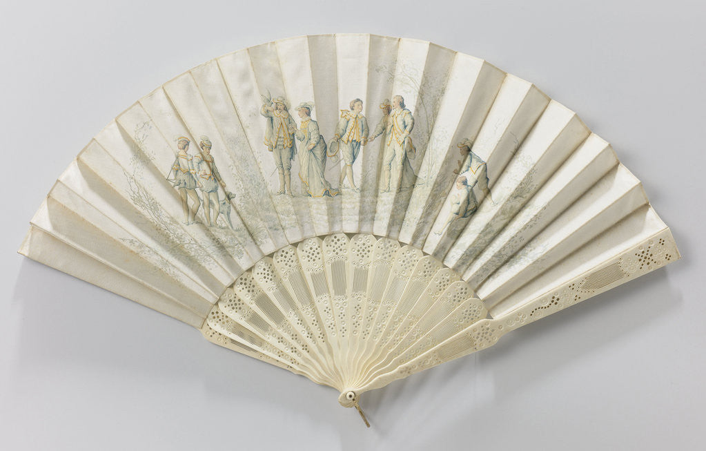 Detail of Folding fan with double sheet of white satin painted with oil on which we see a scene of five people dressed as 17th century musketeers by Anonymous