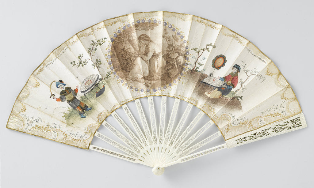 Detail of Folding fan with double sheet of paper on which a round, cut stipple engraving depicting a seated woman surrounded by lovers on both sides with a chinoiserie figure with silk clothes by Anonymous
