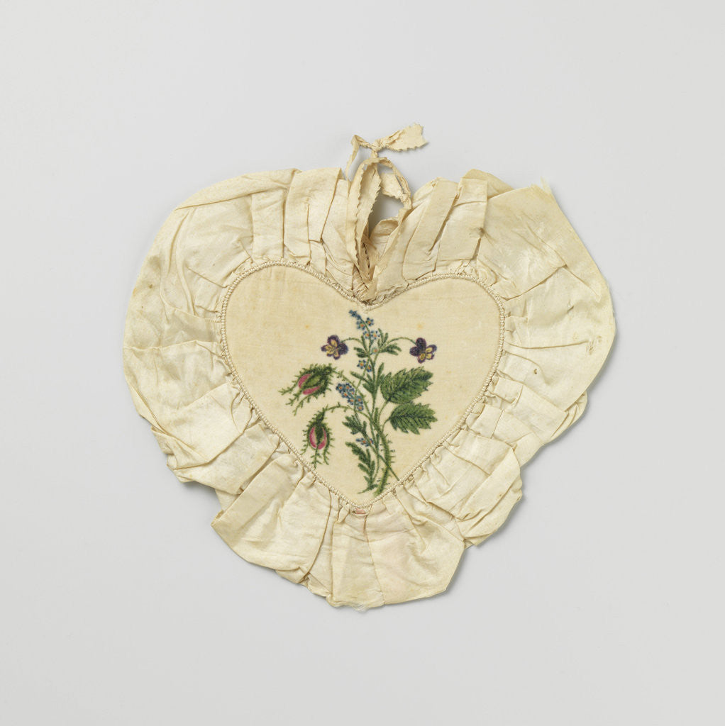 Detail of Bag made of durable two hearts lined with velvet, painted with flowers, surrounded by a border of cream-colored wrinkled sil by Anonymous