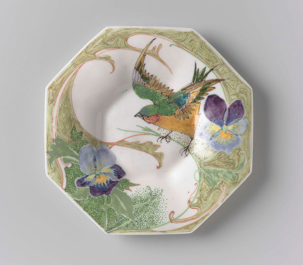 Detail of Dish, part of a set, painted with bird and violins by C.W.J. 't Hart