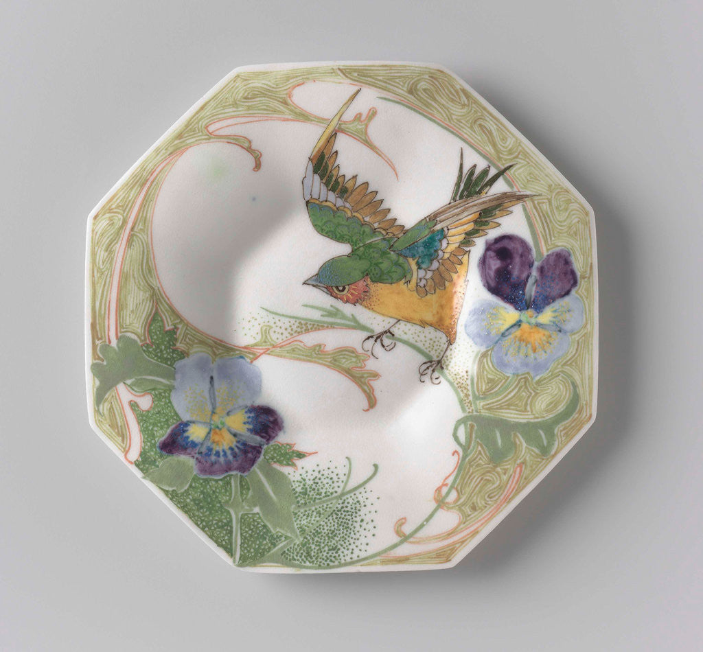 Detail of Dish, part of a set, painted with bird and violins by C.W.J. 't Hart