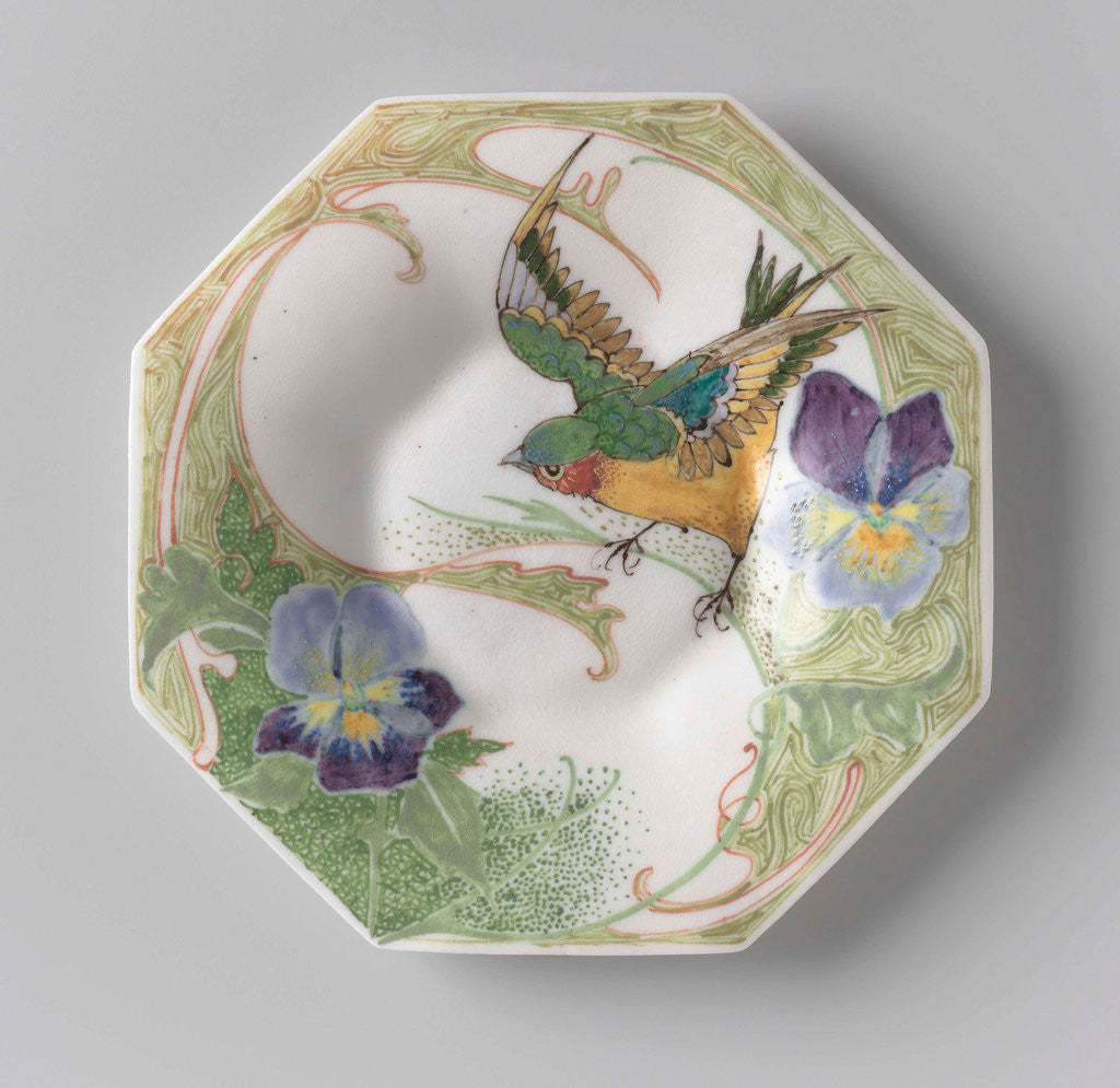 Detail of Dish, part of a set, painted with bird and violins by C.W.J. 't Hart