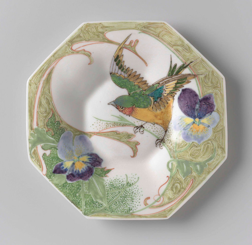 Detail of Dish, part of a set, painted with bird and violins by C.W.J. 't Hart