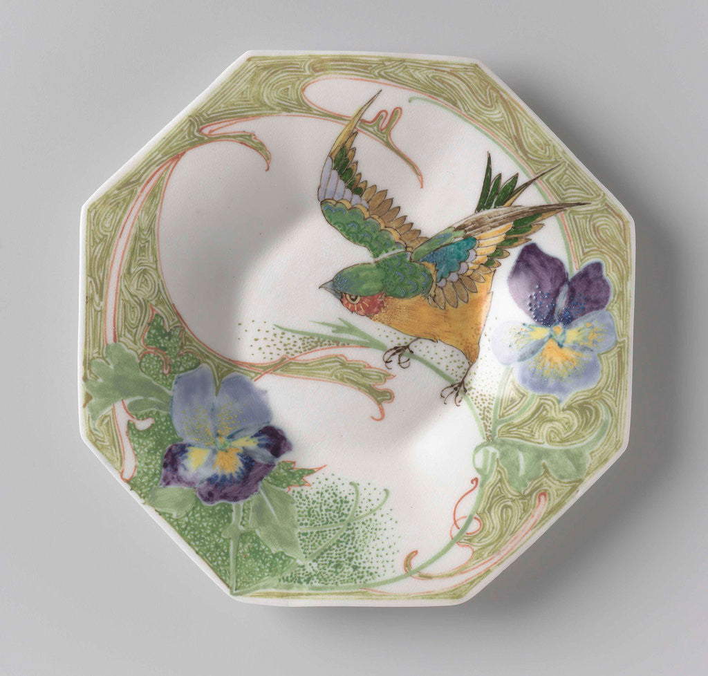 Detail of Dish, part of a set, painted with bird and violins by C.W.J. 't Hart