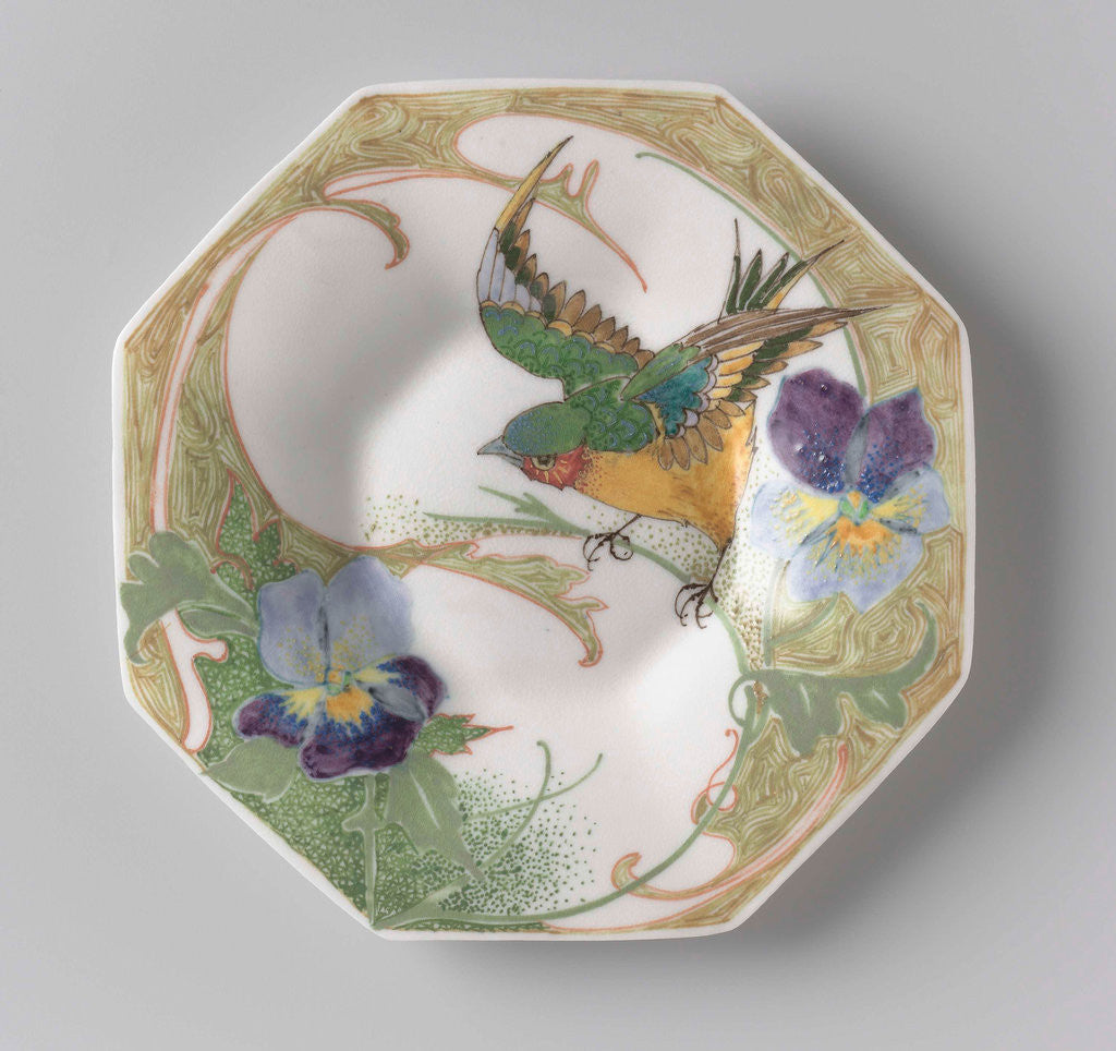 Detail of Dish, part of a set, painted with bird and violins by C.W.J. 't Hart