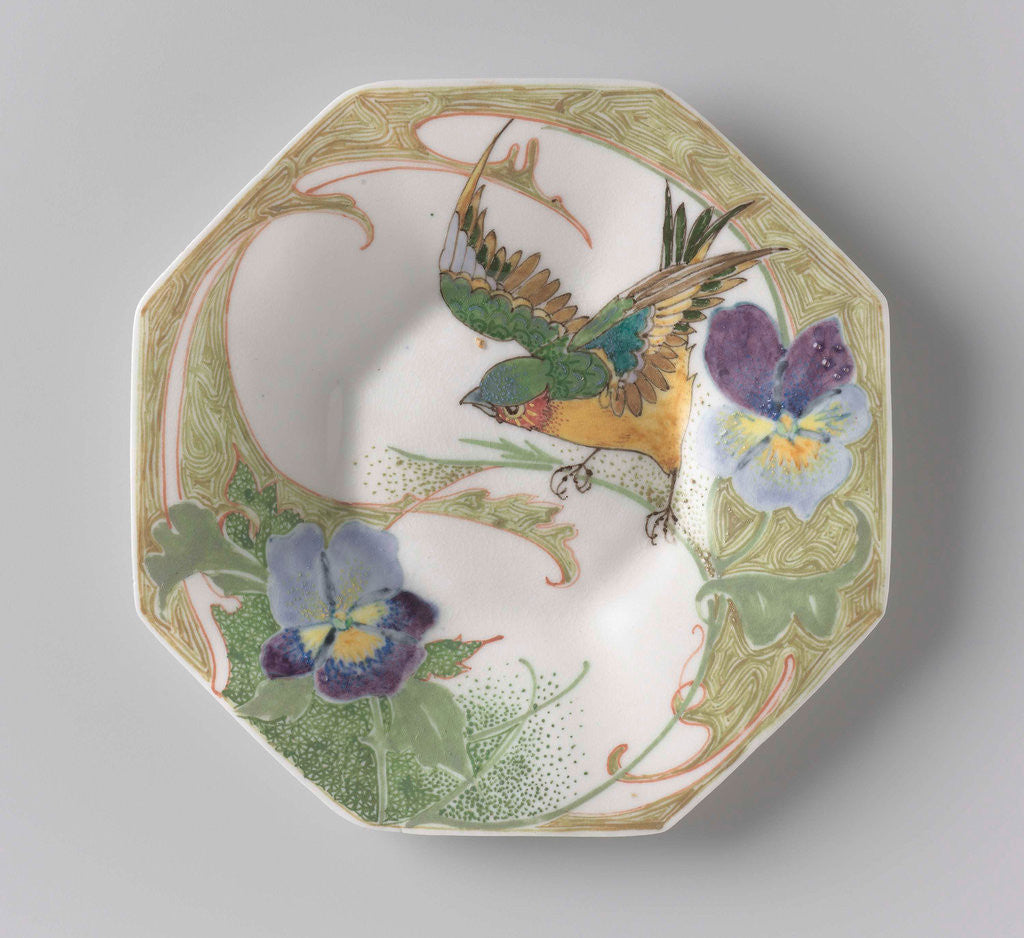 Detail of Dish, part of a set, painted with bird and violins by C.W.J. 't Hart
