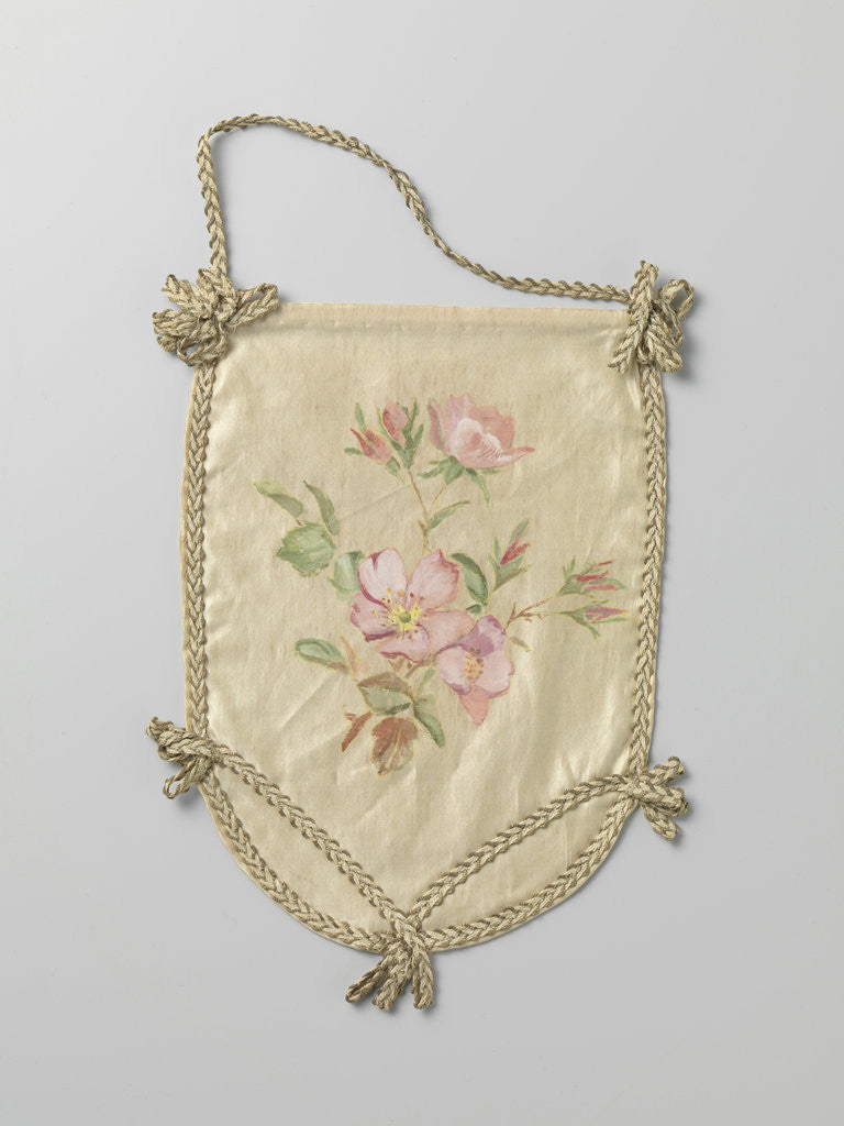 Detail of Single leaf of a pouch of ivory satin, on which in watercolor green branches and pink flowers by Anonymous