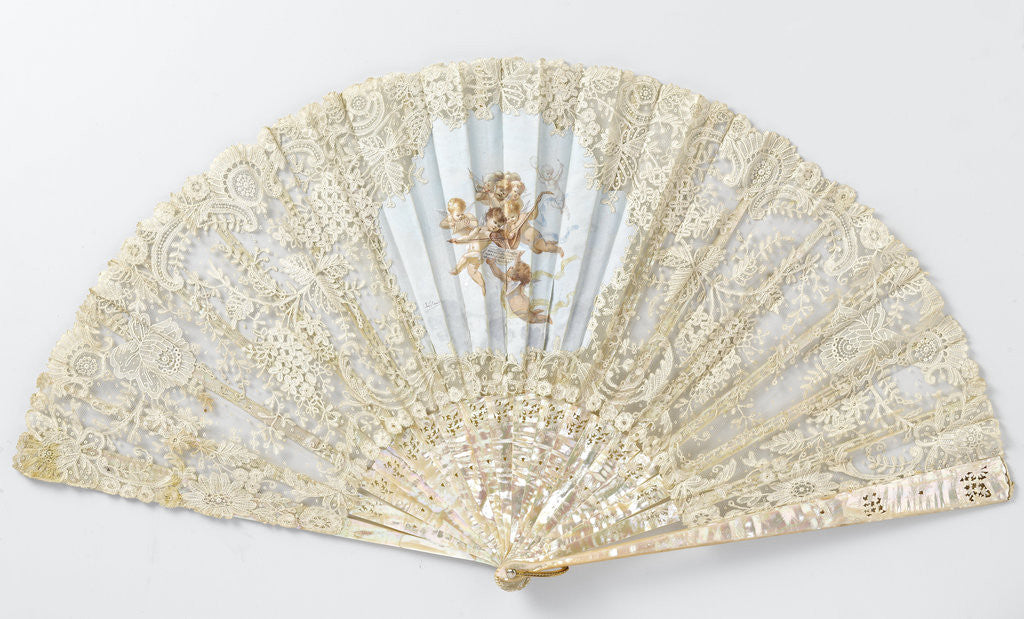 Detail of Folding fan with a sheet of tulle, on which bobbin and needle lace is appliqued and musical angels are painted with tempera, on a pearl frame by Anonymous