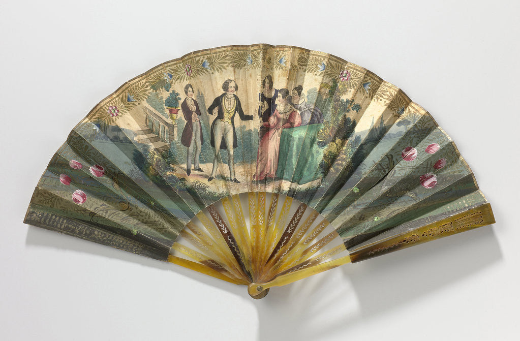 Detail of Folding fan with sheet of paper on which a copper engraving with a solid image where two men and three women are depicted central frame tortoiseshell or horn by Anonymous