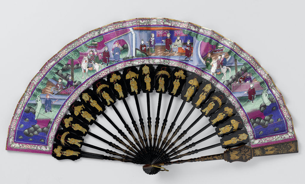 Detail of Folding fan with double sheet of fabric on the front three scenes, wo a rider on a white horse, on the back of flowers and birds on purple distance, frame of lacquered wood by Anonymous