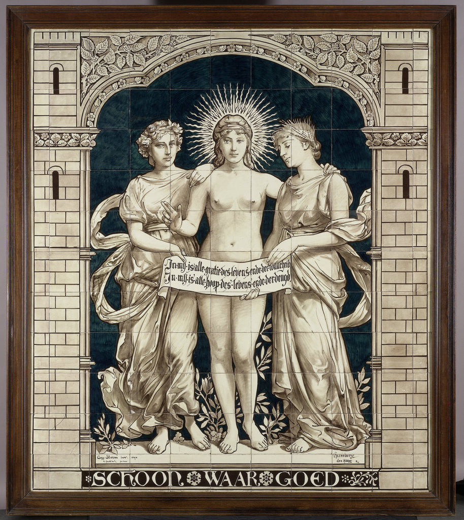 Detail of Tile panel with the personifications of the Beautiful, the True and the Good, Daniël Harkink by Georg Sturm