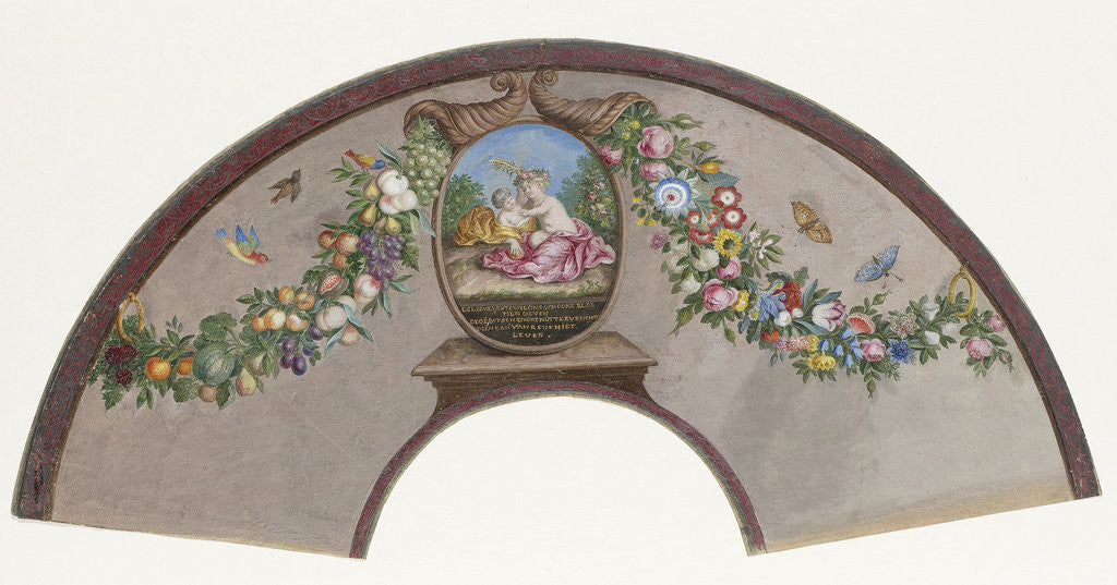 Detail of Range sheet of parchment covered with tempera front a 'Floralia' with vestal virgins and on the back a medallion with two playing, naked children and a poem, between two cornucopias, birds and butterflies by Anonymous