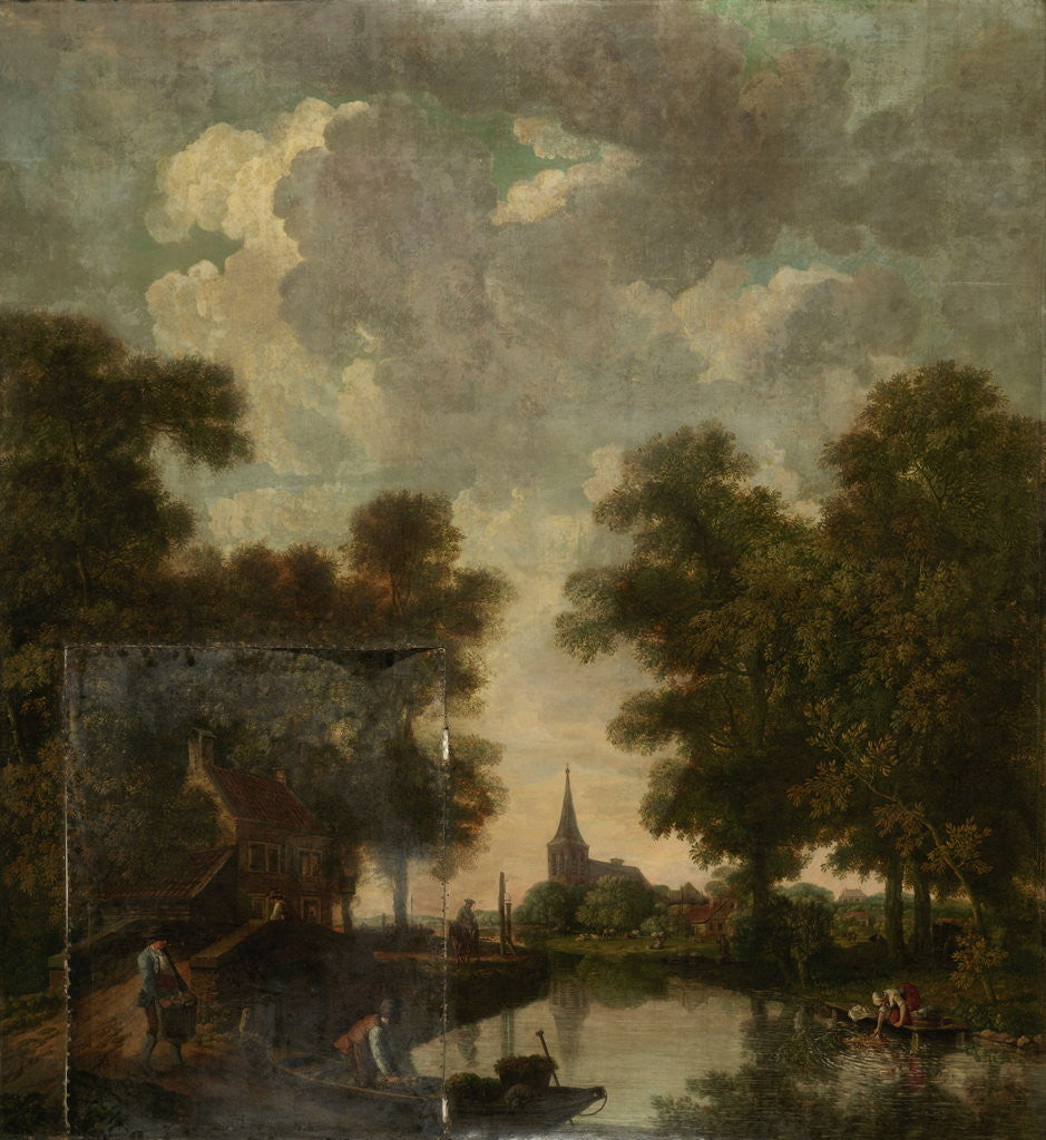 Detail of Painted wallpaper with a Dutch Landscape with river by Jurriaan Andriessen