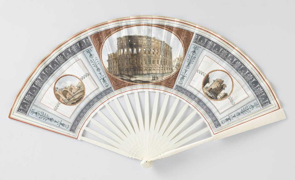 Detail of Folding fan with sheet of goatskin, which with gouache the Colosseum, the Baths of Caracalla and the Tomb of Cecilia Metell by Camillo Buti