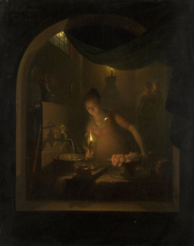 Detail of Kitchen by Lamplight by Adriaan Meulemans
