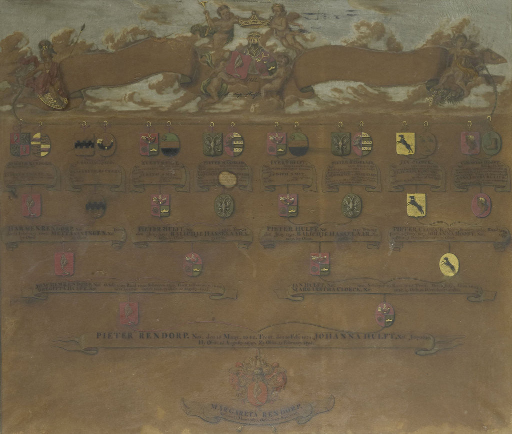 Detail of Pedigree with the weapons of the sixteen quarters of Margaretha Rendorp, The Netherlands by Anonymous