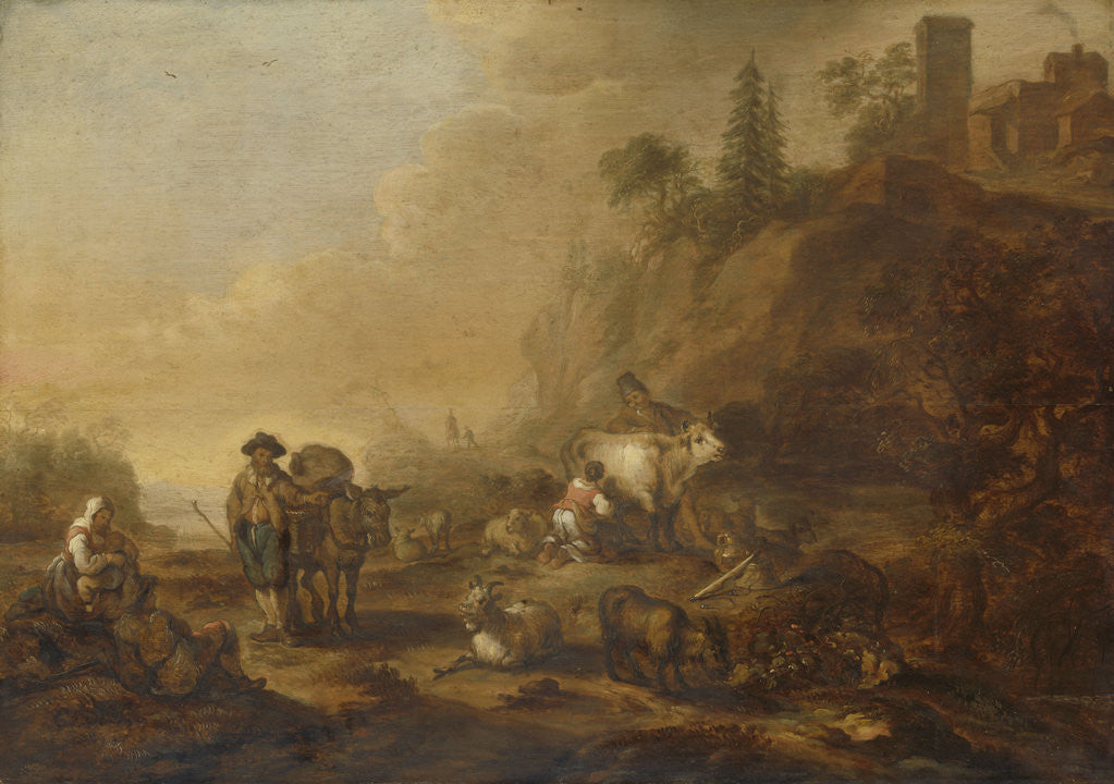 Detail of Landscape with Herdsmen and Cows by Cornelis de Bie