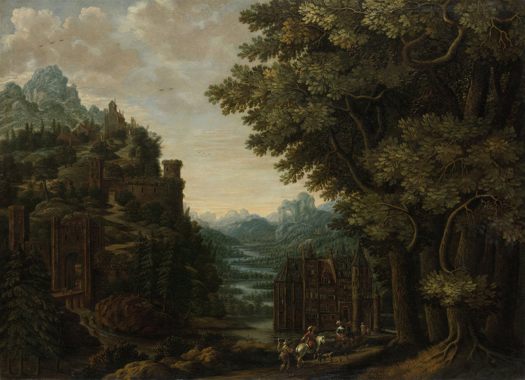 Detail of Mountainous Landscape with River Valley and Castles by Jan Meerhout