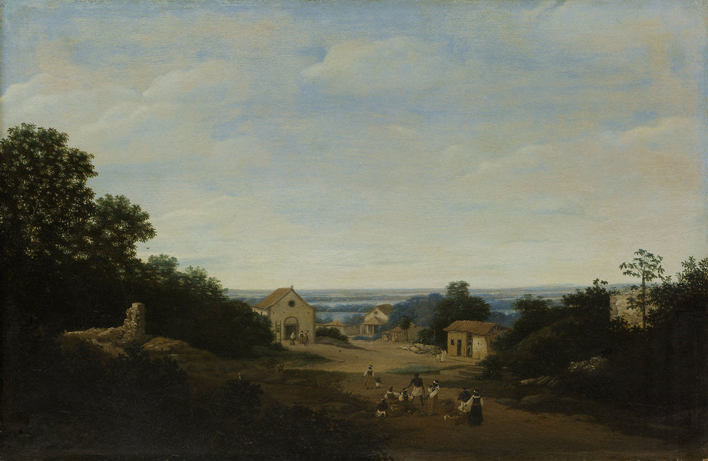 Detail of Brazilian landscape with the village of Igaraçú. To the left the church of Sts Cosmas and Damian by Frans Jansz Post