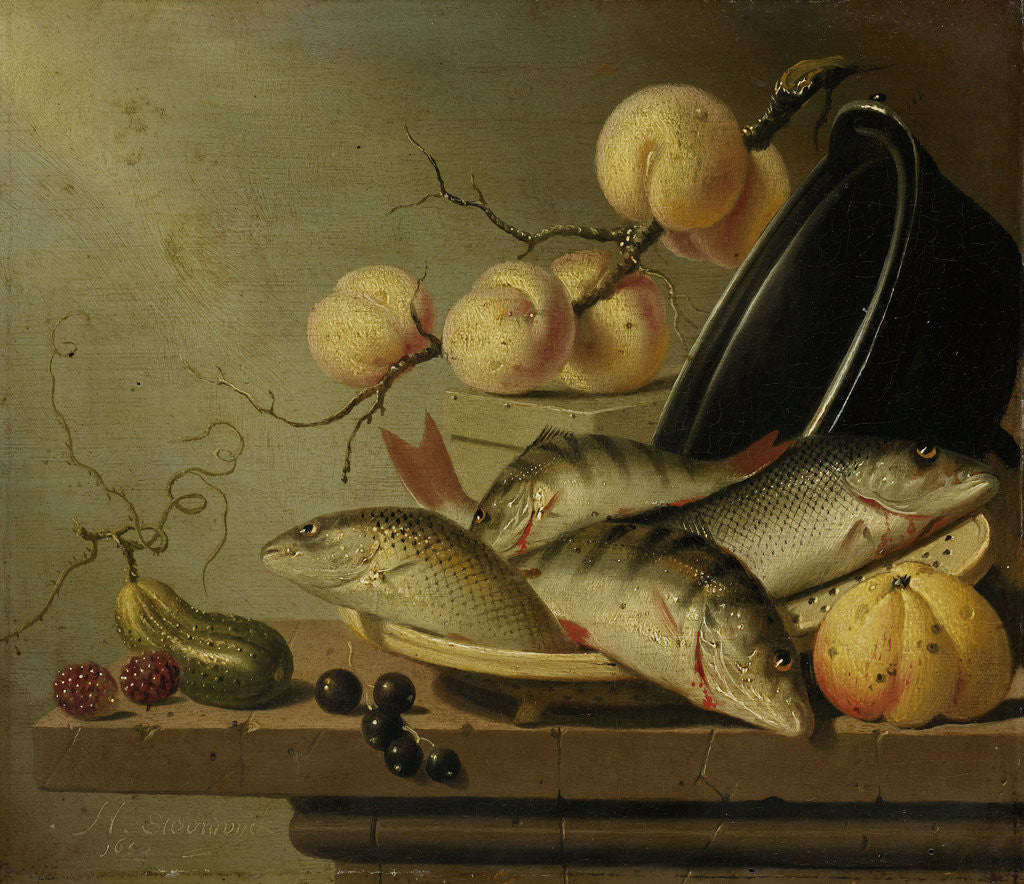 Detail of Still Life with Fish and Fruit by Harmen Steenwijck