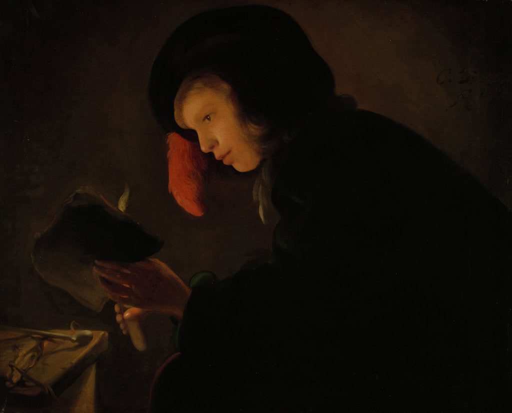 Detail of Young Man by Candlelight by Christiaen Jansz. Dusart