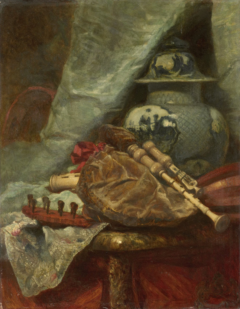 Detail of Still Life with bagpipes by Adolphe Mouilleron