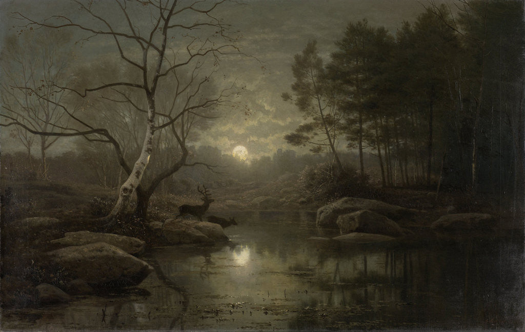 Detail of Forest landscape by moonlight by Georg Eduard Otto Saal