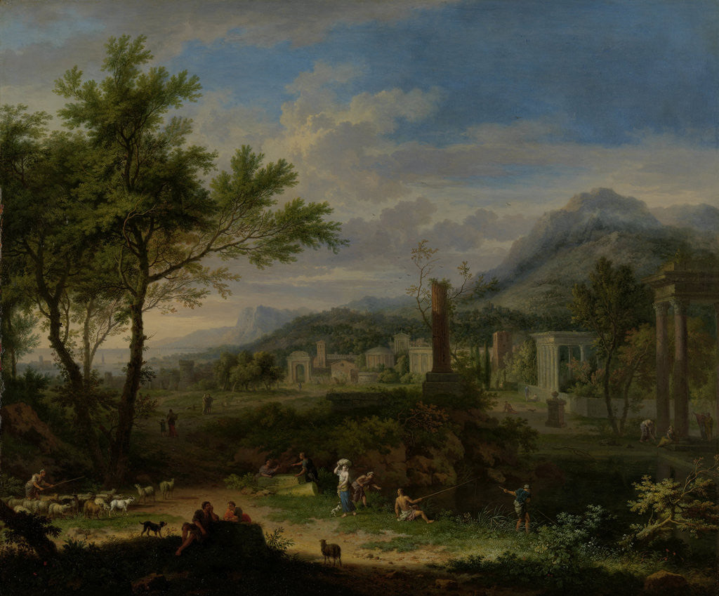 Detail of Arcadian Landscape with Fishermen by Jan van Huysum