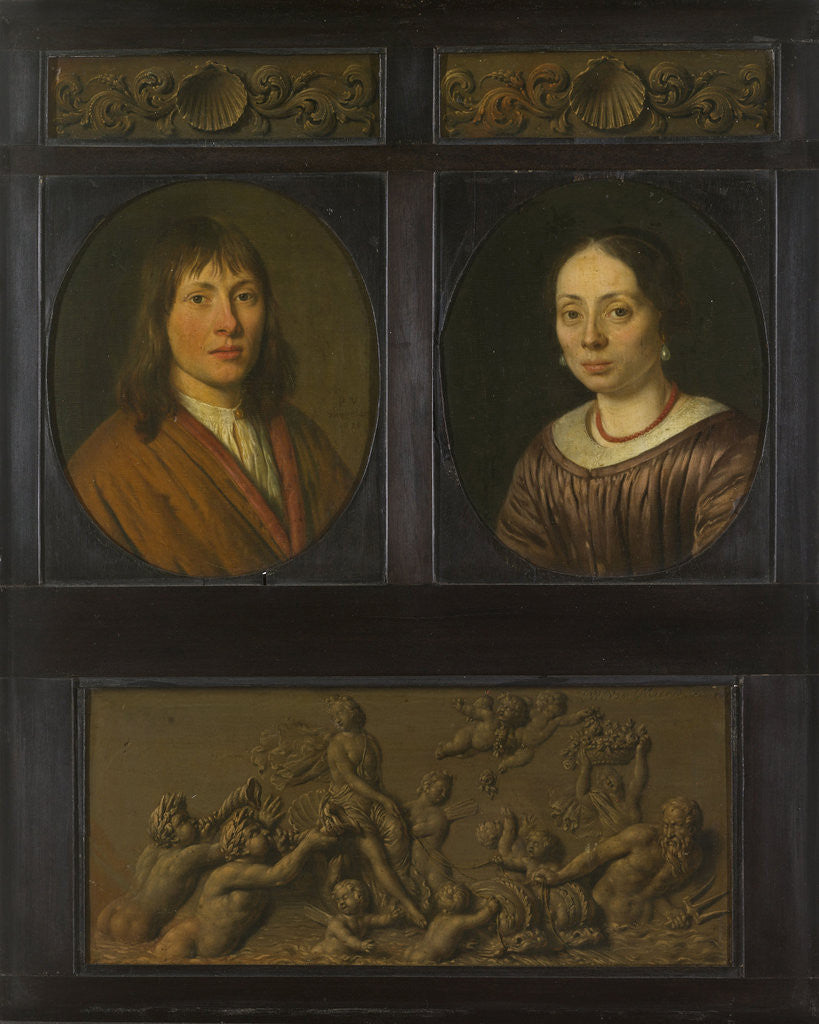 Detail of Portraits of a Man and a Woman framed with two ornamental frieze miniatures with shell motif and a Triumph of Amphitrite by Willem van Mieris