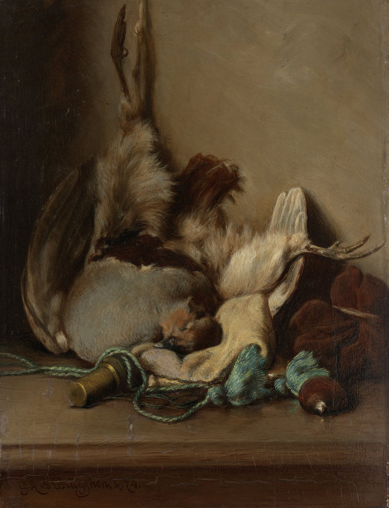 Detail of Still life with wood pigeon and powder horn by Guillaume Anne van der Brugghen
