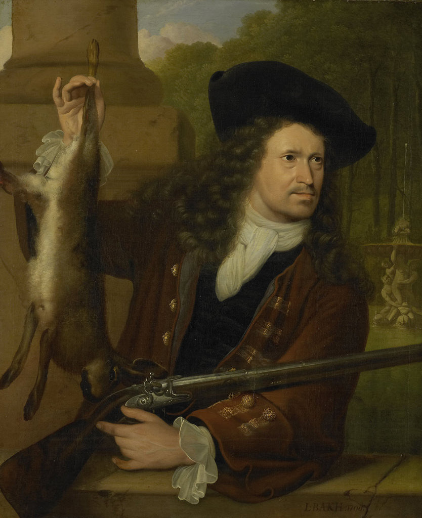 Detail of Portrait of Jan de Hooghe, Brother of Anna de Hooghe in Hunting Costume by Ludolf Bakhuysen